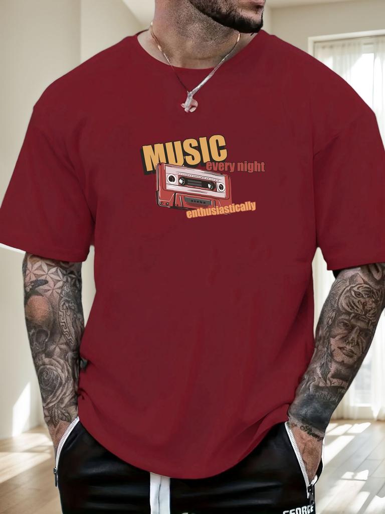 Mens Music Tape Graphic TShirt Summer Soft Comfort Fit Oversized Daily Wear Tee