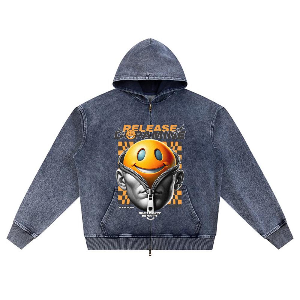 DTG Print Knitted Denim Zip-Up Hoodie Release Dopamine Brother Print Zipper Hoodies