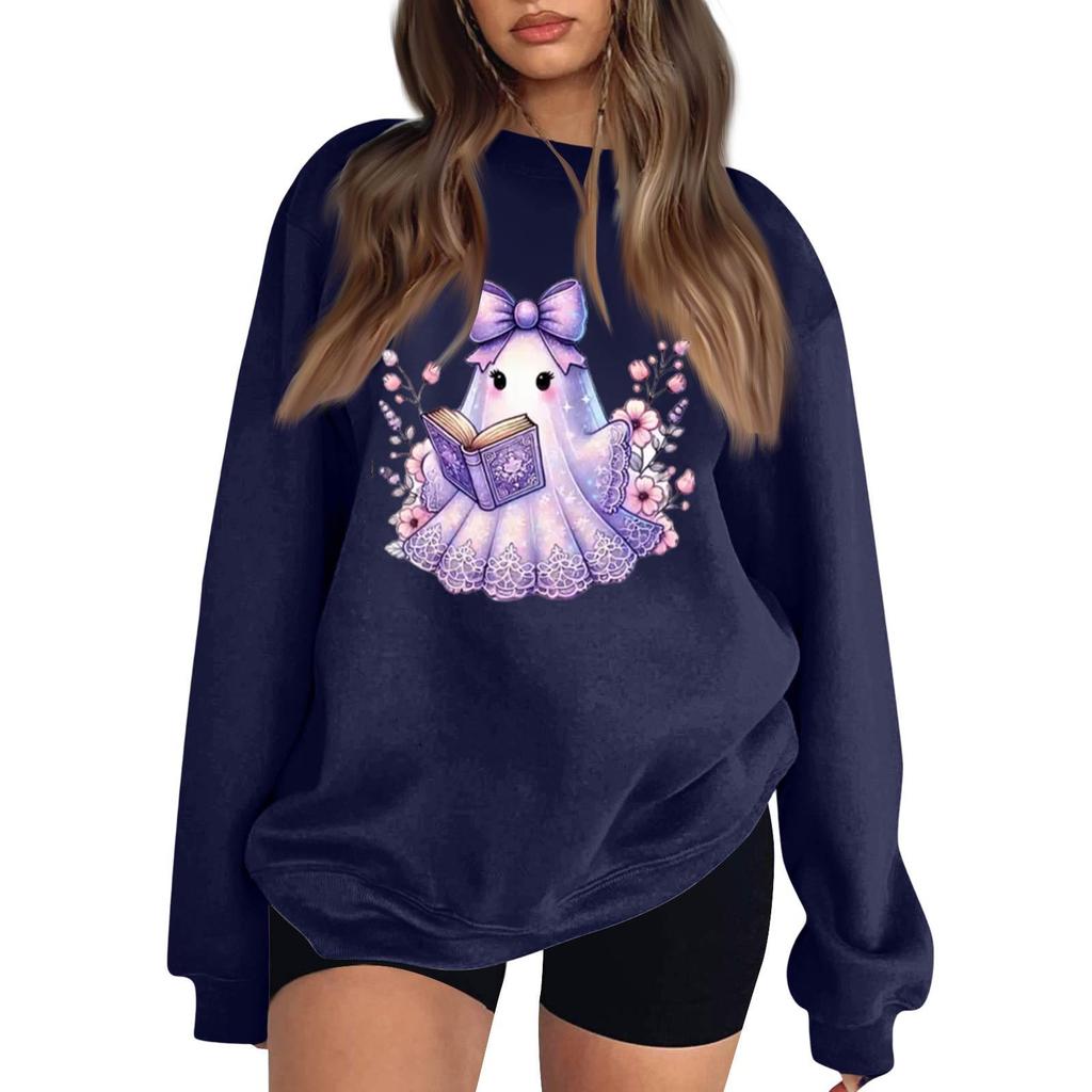 Women's Comfortable Sweatshirt Casual Loose Fit Round Neck Long Sleeve Pullover, Color with Halloween Small Print