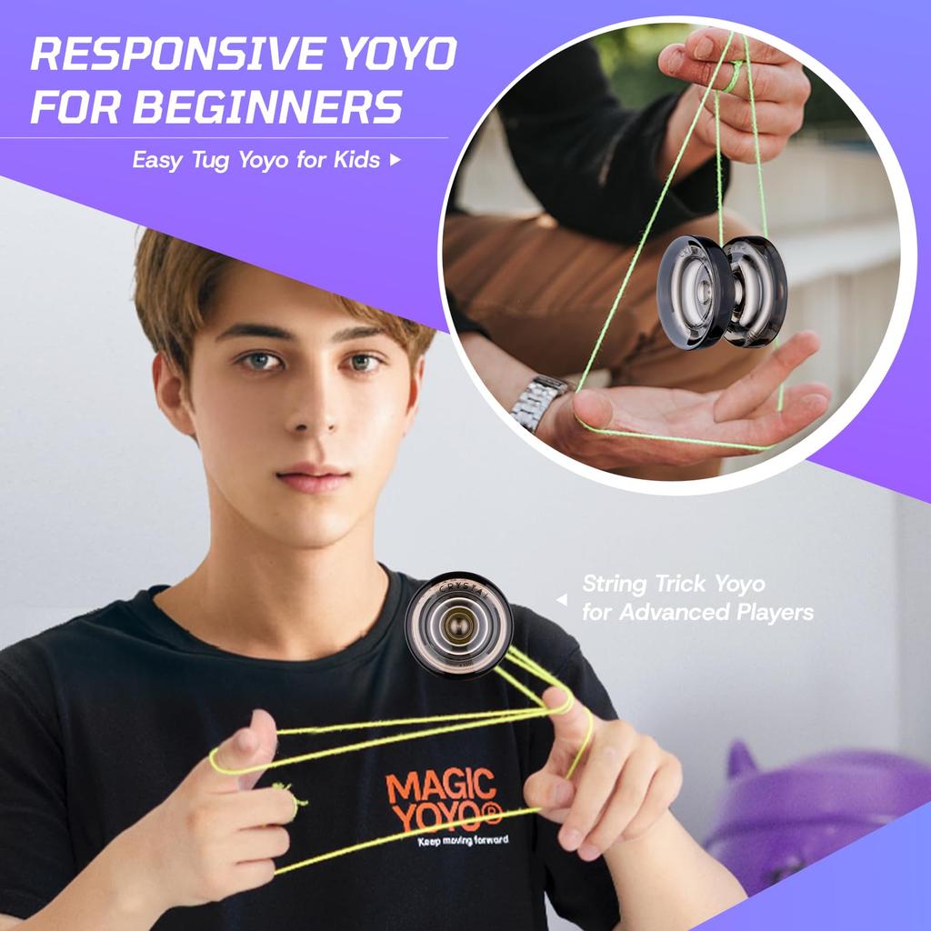 MAGICYOYO K2 Black Responsive Yoyo for Kids Beginners with Extra Unresponsive Yoyo Pro Plastic Trick Yoyo for Yoyo Bag Bearing, Adults+12