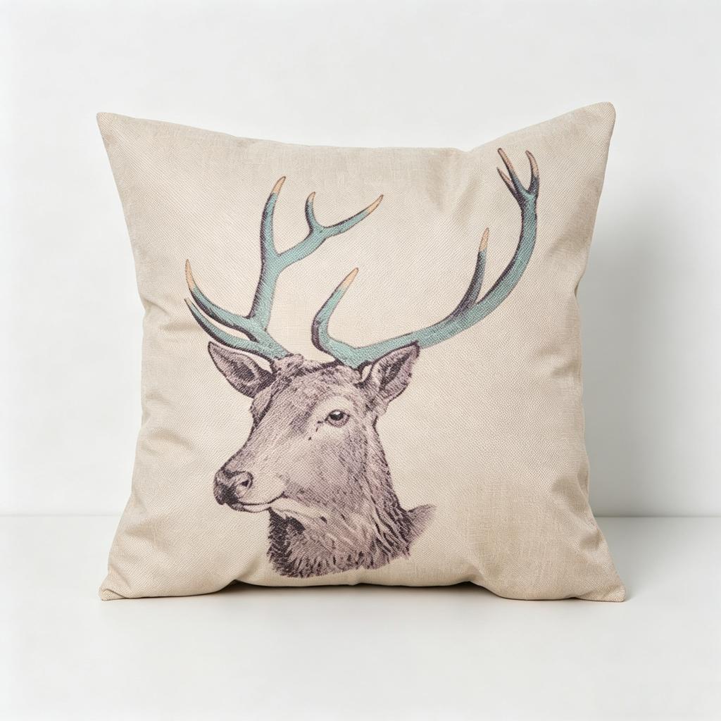 Vintage Deer Head Throw Pillow Cover, Rustic Linen Cushion Cover for Farmhouse & Cabin Home Decor