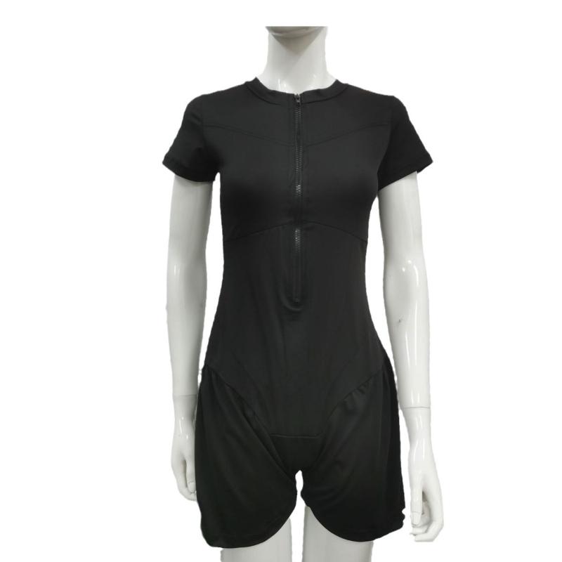 Europejska i amerykańska damska spódnica kombinezonowa z okrągłym dekoltem, jednolitym kolorem, krótkim rękawem i zamkiem błyskawicznym