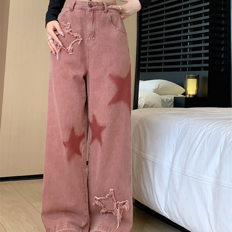 

New Tie-dye Design Star Cowgirl Niche Style Wide-leg Dopamine Casual Trousers Jeans 4XL червоний