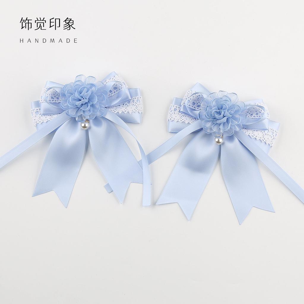 Hand Embroidered Flower Ball Lolita Headdress Original Handmade Lolita Blue White Lace Bow Hair Accessories Headband Top Hat