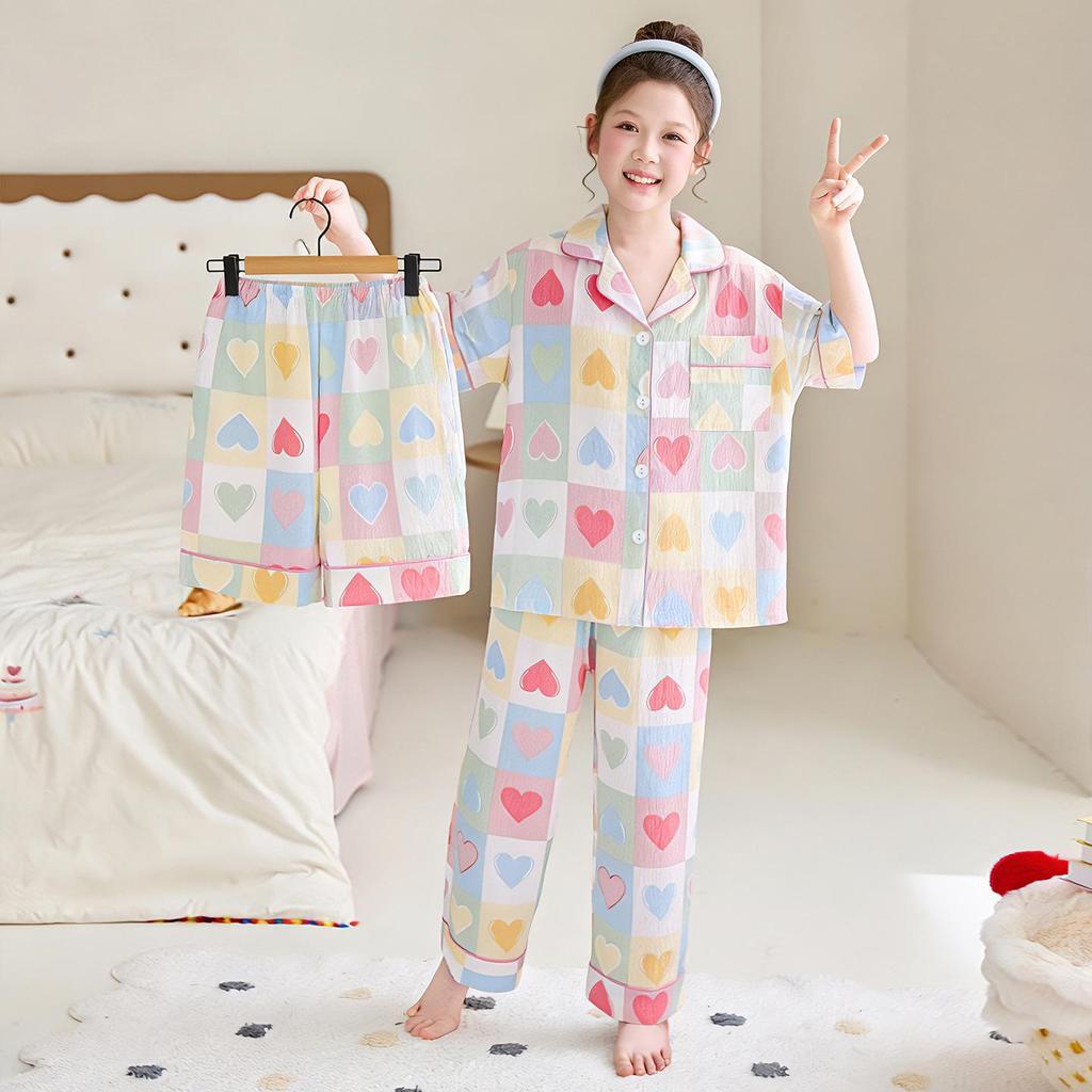 Girls' Summer Pajamas: Ice Silk 3-Piece Set, Breathable & Lightweight for Medium and Large Kids, 2026 New Style