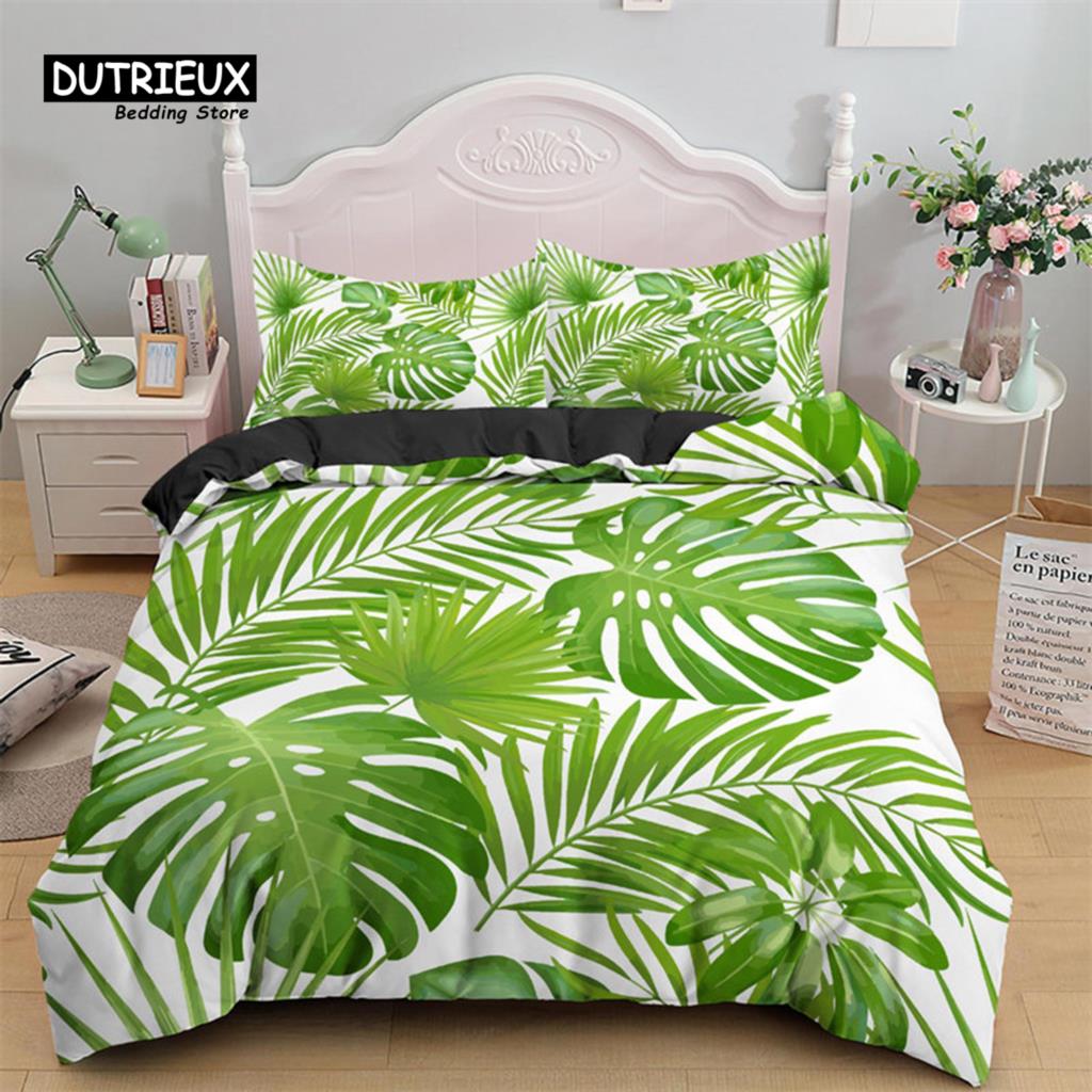 Green Palm Leaf Bedding Set Hawaiian Tropical Leaves Duvet Cover Microfiber Monstera Banana Leaves Quilt Cover For Teen Adults