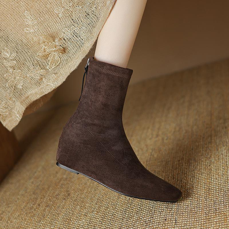 Krazing Pot Flock Autumn Winter Shoes Retro Fashion Wedges Heels Size 43 Zipper Square Toe Keep Warm Ankle Boots