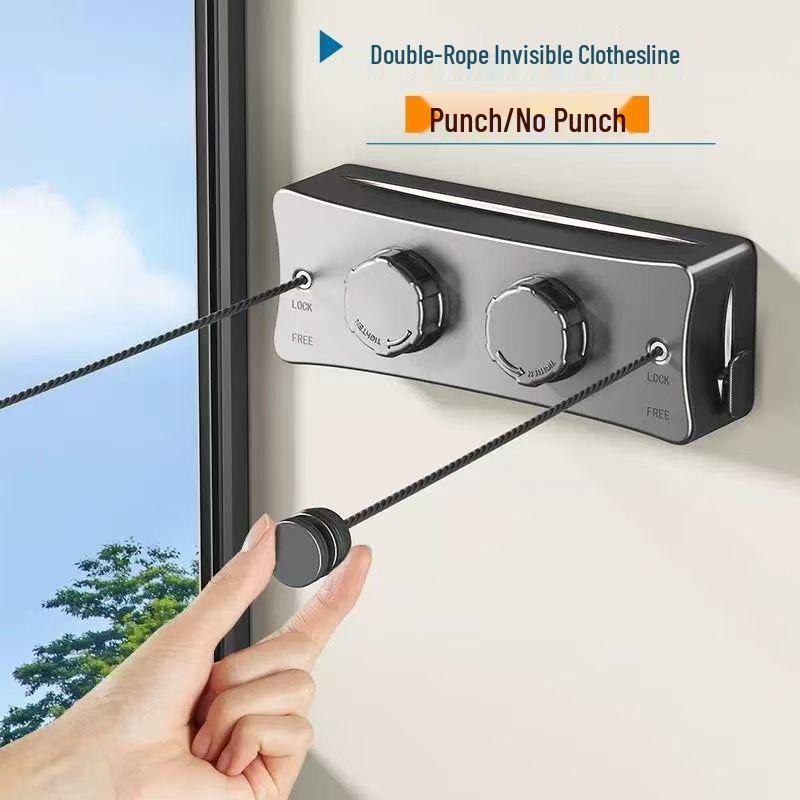 Dual-Line Retractable Indoor Clothesline, Wall-Mounted Stainless Steel, No-Drill Installation
