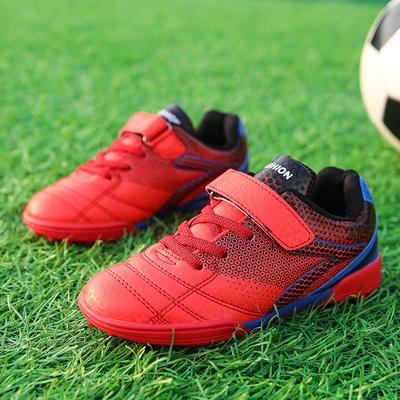 Fashion Hot Sale Red Children's Soccer Shoes HOOK&LOOP Non-slip Turf Kids Football Sports Shoes Lightweight Leather Cheap Sneakers Boy