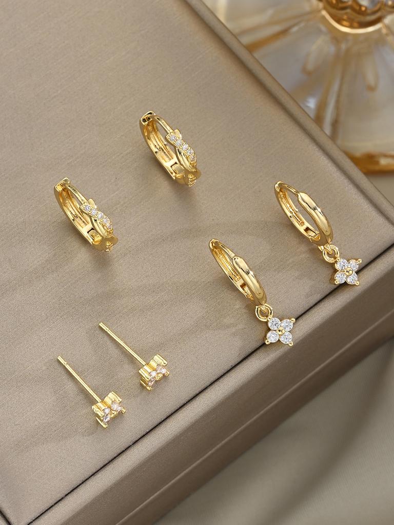6/3 Pcs Trendy Stainless Steel Flower Earring Set For Women Vintage Crystal Zircon Drop Earrings Hypoallerg Piercing Jewelry New