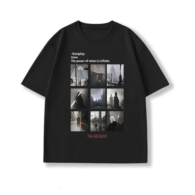 

American Retro Black and White Nine-grid Printed T-shirt for Men and Women A Niche European and American Style Loose Pure Cotton 4XL