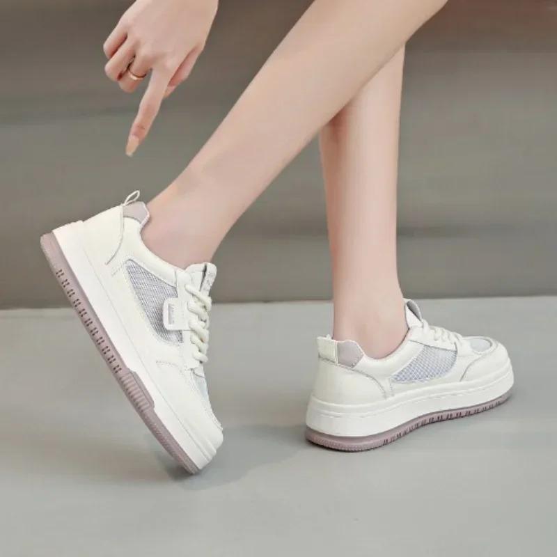 2024new Women's Sports Shoes Fashion Mesh Breathable Autumn Ins Style Thick-soled White Shoes Casual Lace-up Student Shoes 35-40