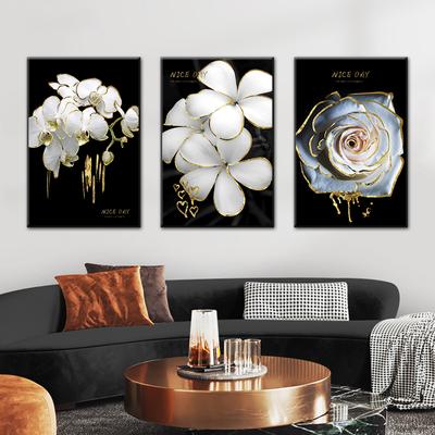 3 Panels Nordic Wandkunst Leinwand Malerei Schwarz Gold Weiß Blume Poster Drucken Moderne Leinwand Bild für Wohnzimmer Wohnkultur