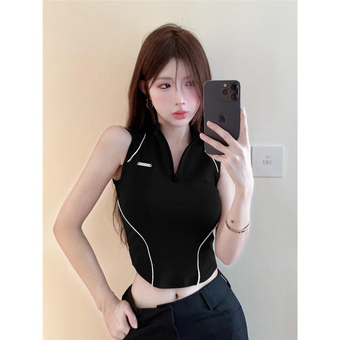 Sports Half Zipper Bottom Vest Women's Outer Wear Small Suspender Lines Spice Girl Skinny High Waist Sleeveless Top