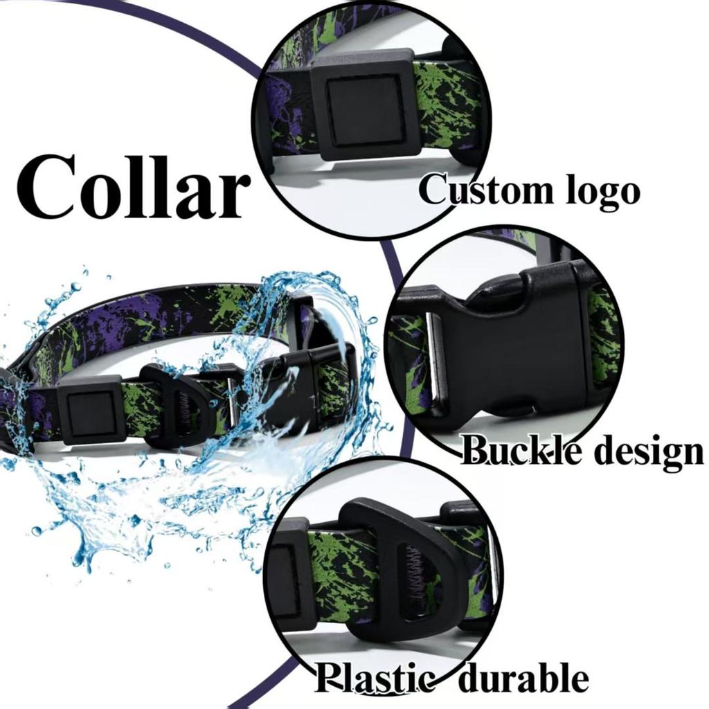 Waterproof PVC Dog Collar and Leash Set Adjustable Printed Pet Collar with Quick Release Buckle for Small Medium Large Dogs