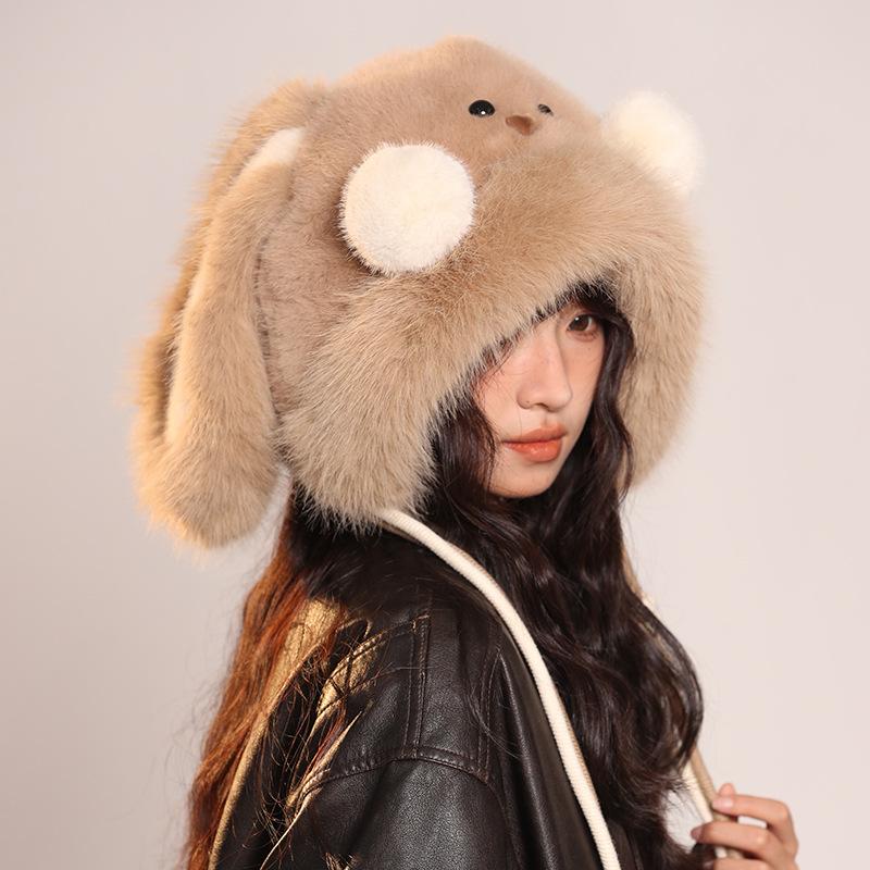 Looping Ears Rabbit Hat for Women with Furry Pullover Hat Showing Face Small Ear Protection Bag Head Hat Thickened Lei Feng Hat Trendy