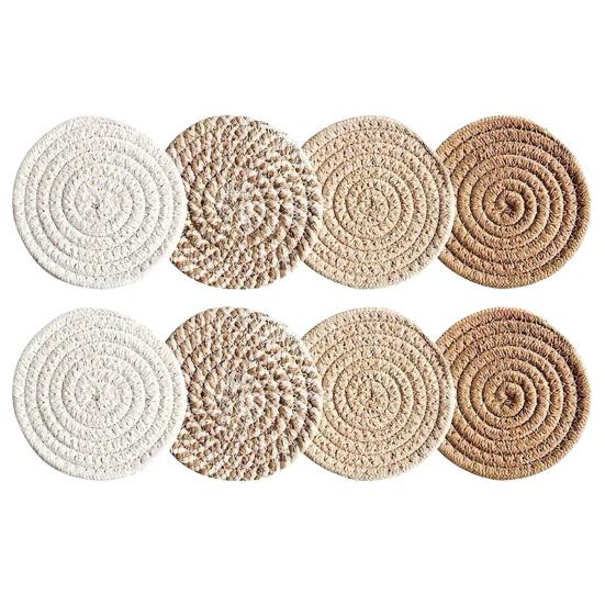 Boho Cotton Coaster Set with Holder Absorbent Heat-Resistant Placemats for Kitchen Dining Non-Slip Reusable Rustic Home Decor for Cups Mugs