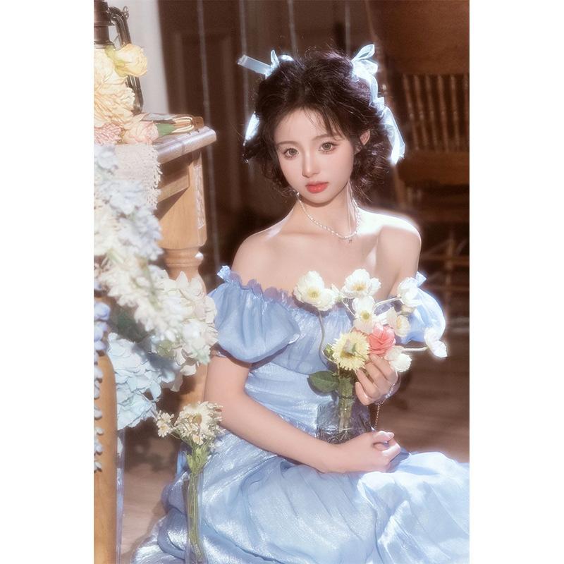 Lekka suknia ślubna 2025 nowa sukienka w stylu retro z Hongkongu niebieska wysokiej klasy sukienka studencka dla dorosłych sukienka księżniczki