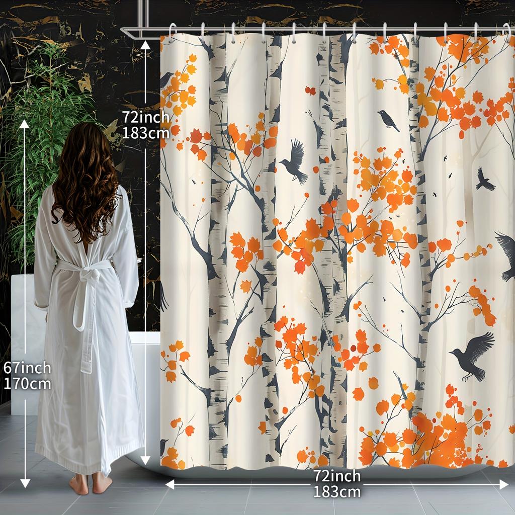 1pcs Autumn Home Decor Chinese Style Maple Forest Crow Shower Curtain, Polyester Fabric, Machine Washable, Suitable for Bedroom
