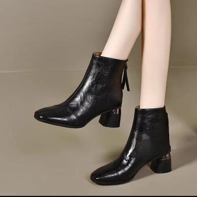 2024 New Autumn Soft Leather Small Short Boots Women's Soft Leather Mid-heeled Leather Shoes Spring and Autumn Velvet Square Head High-hee