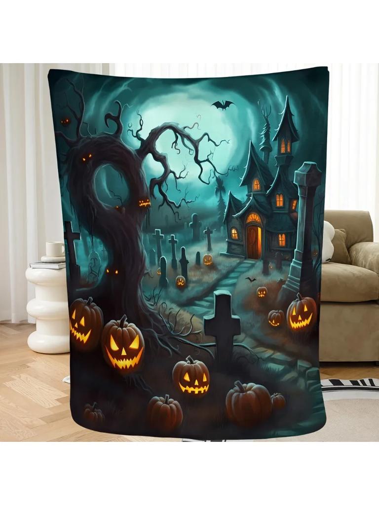 1Pc Cozy Halloween Black Cat Flannel Throw Blanket Soft Warm For Couch Bed Office Travel Perfect Holiday Gift And Home Decor