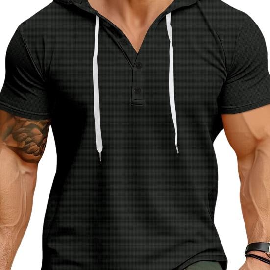 Men Top Hooded Drawstring Solid Short Sleeves Texture Pullover Waffle Color Slim Fit Casual Daily Wear Mid Length