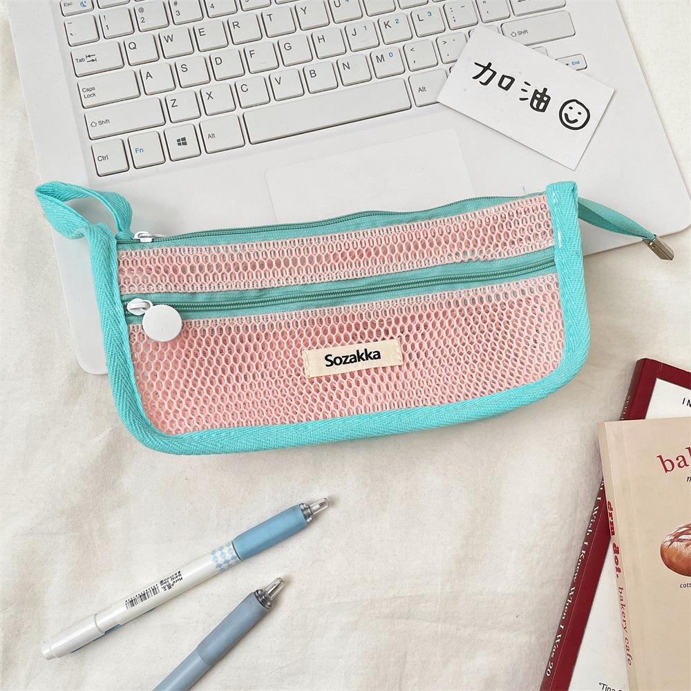 Retro Color Transparent Pencil Bag Nylon Zipper Stationery Bag Portable Mesh Pencil Case  Outdoor