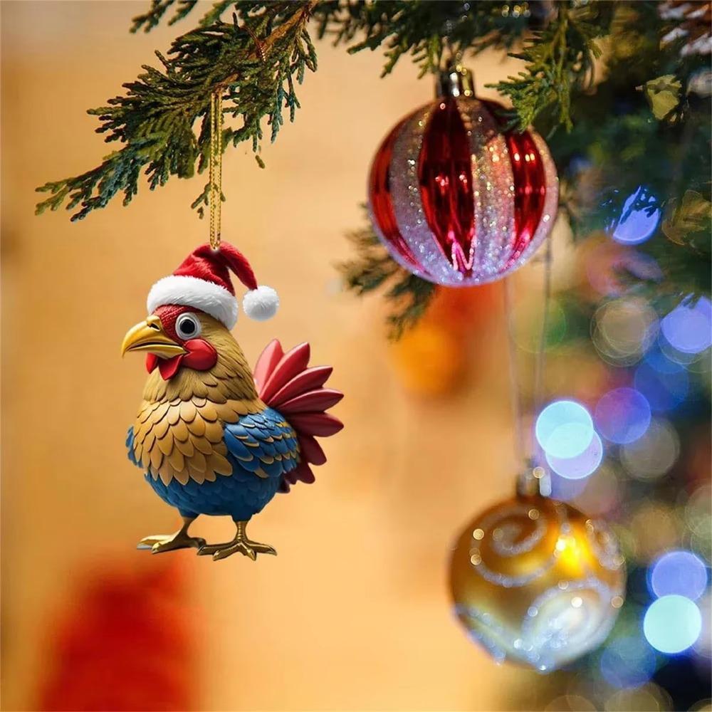 2D Christmas Rooster Ornament Cartoon Car Chicken Pendants Flat Rooster Pendant  Party Supplies