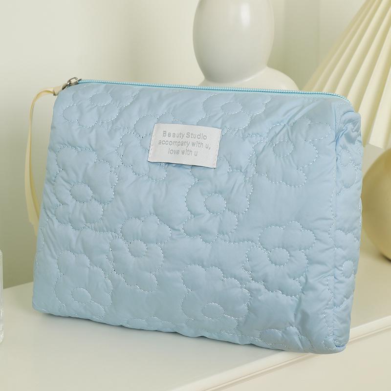 Quilted Cream Cloud Makeup Bag, Portable Handheld Cosmetics Storage, Large Capacity