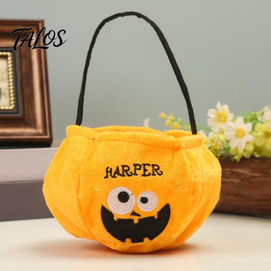 Halloween Süßes oder Saures Eimer, 9,8x5,9 Zoll Kürbis Hexe Schwarze Katze Plüsch Tragetasche, Weicher Süßigkeitenkorb mit Griff für Halloween Party Mitgebsel