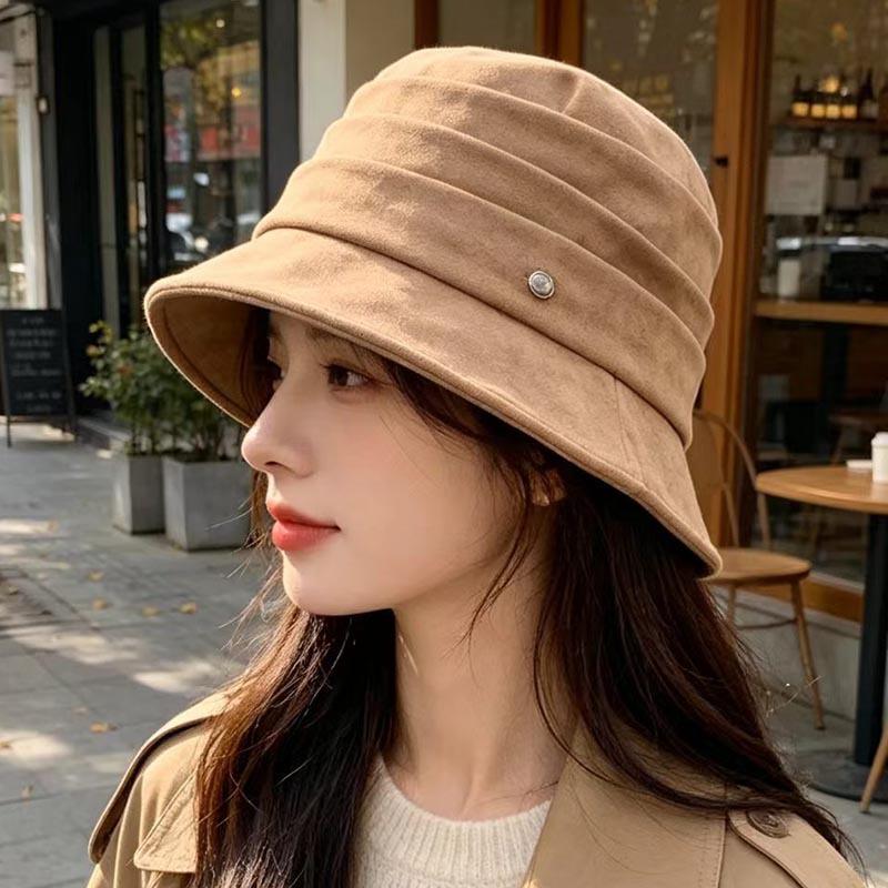 Temperament Pleated Bucket Hat Women's Autumn and Winter New Suede Fashion Show Small Face Casual Soft Brim Basin Hat Tide