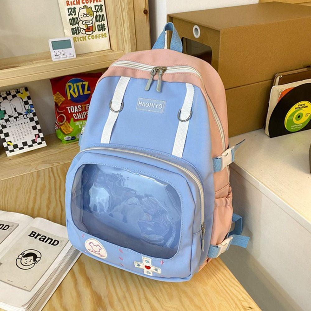 

PVC School Bag Multi Pocket Double Shoulder Bags Large Capacity Students Backpack Travel синий/розовый