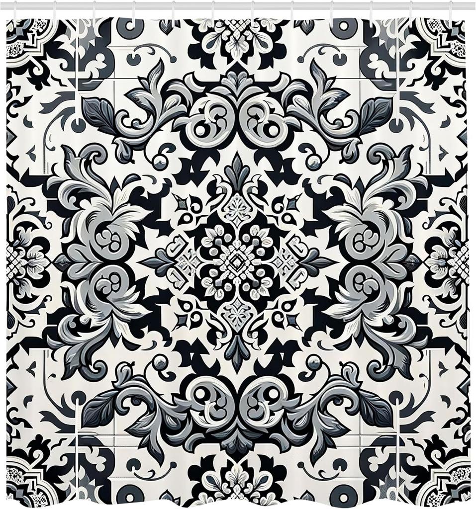 Grey Shower Curtain, Classic Damask Motif With Curlicue Leaves And Oriental Trippy Floral, Cloth Fabric Bathroom Decor