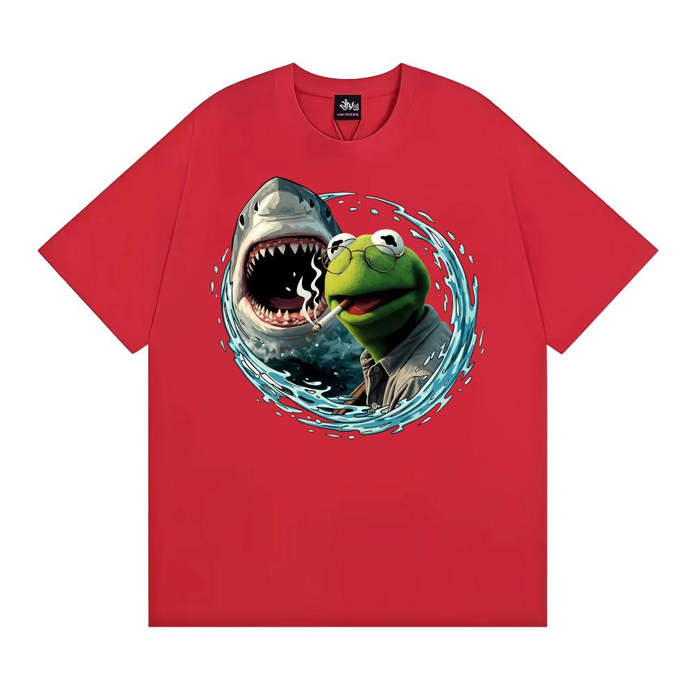 Smoking Kermit The Frog Meme Shark Attack Parody TShirt Mens Women Fashion Cool Tshirts Hot Sale Casual Short Sleeves T Shirt