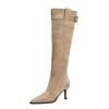 Mode Damen Winter Spitzschuh Stilettoabsatz Schlankmachende Stiefel Blockabsatz Stiefel Schnallendesign Falten Langstiefel Vulkanisierte Schuhe