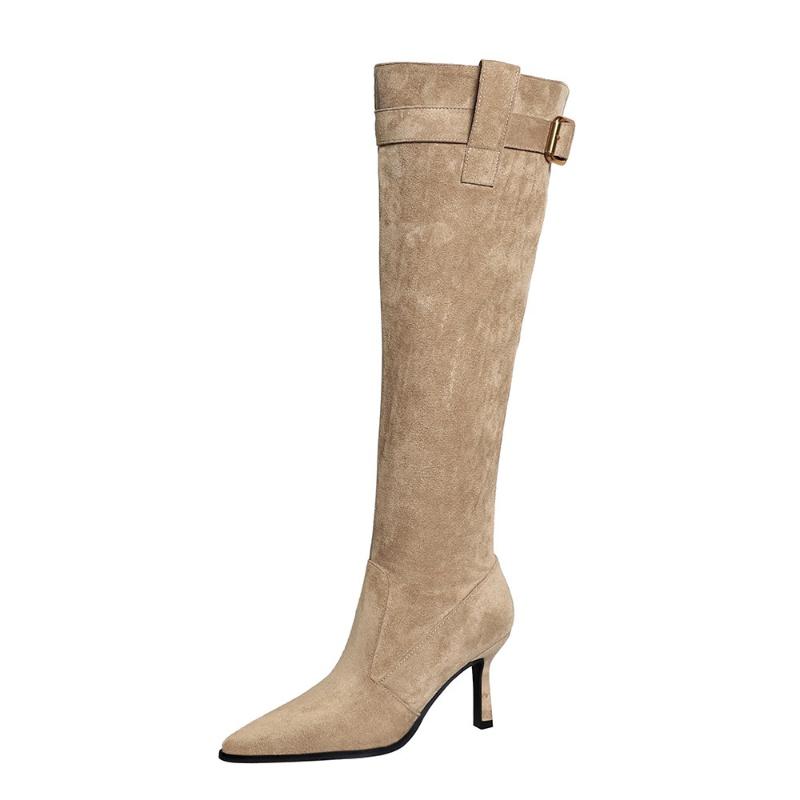 Fashion Women Winter Pointed Toe Stiletto Heel Slimming Boots Stacked Boots Buckle Design Wrinkle Long Boots Vulcanized Shoes