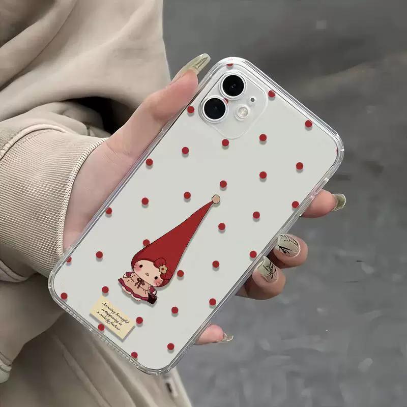 Cute Red Hat Cartoon Girl Polka Dot Clear Phone Case, Kawaii Aesthetic Shockproof Protective Cover for iPhone