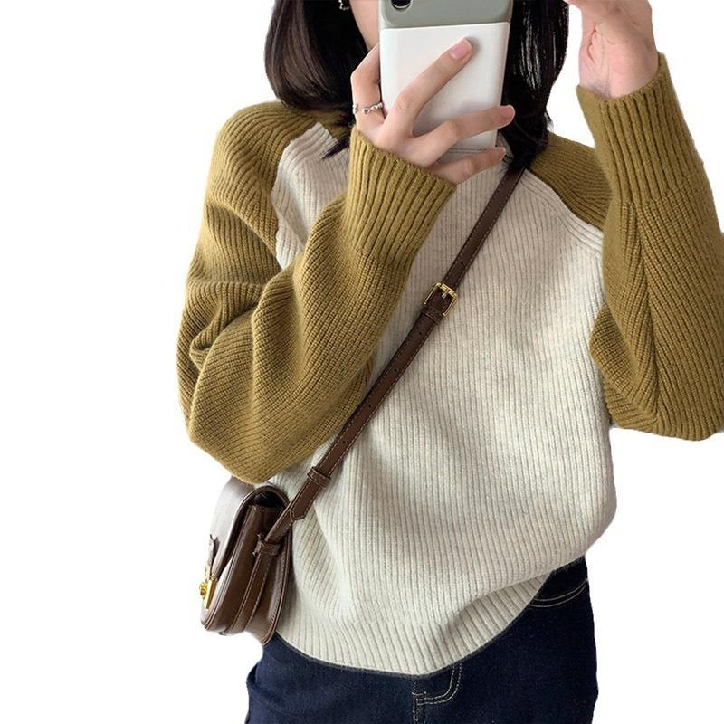 Autumn and winter new shoulder sleeve temperament casual color matching round neck long sleeve knitted sweater pullover sweater outside