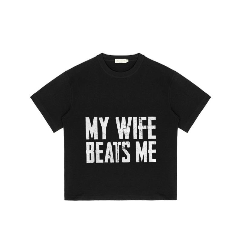 Pánské nadměrné tričko černé s grafickým potiskem „Moje žena mě bije“, ležérní pouliční móda, top pro každodenní nošení a vycházky