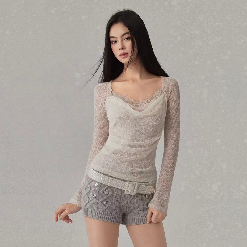 

Womens Solid Color Lace Trim Square Neck Long Sleeve Top S розовый