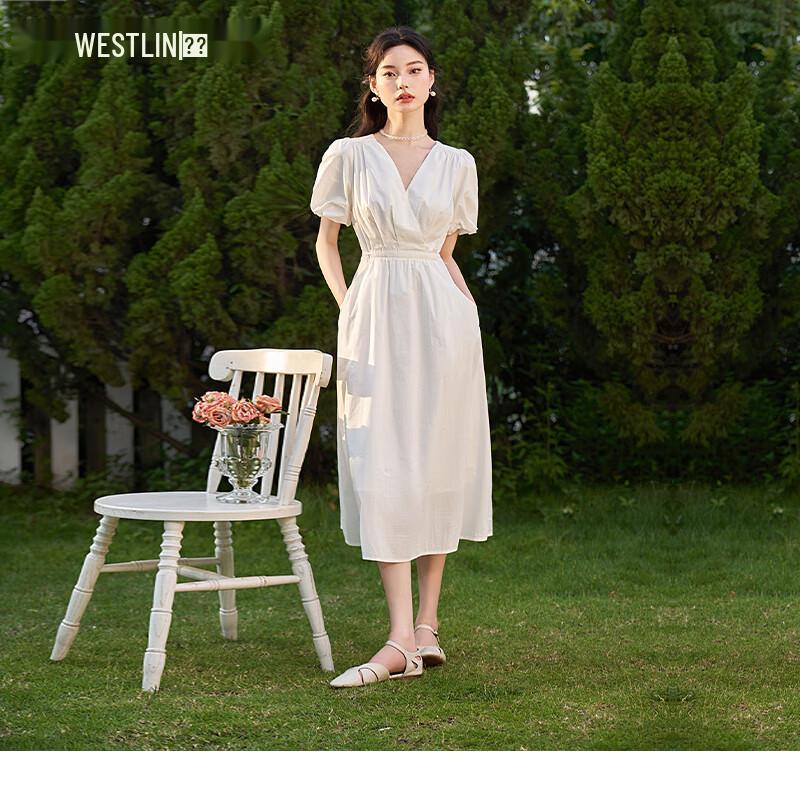 

Westlink Elegant French V-neck Puff Sleeve Maxi Dress S