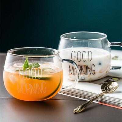 Transparenter Glasbecher mit großem Fassungsvermögen, rund, leer, Milchkaffeeglas, Aufdruck 'Guten Morgen', Teesaft-Trinkgefäß mit Henkel