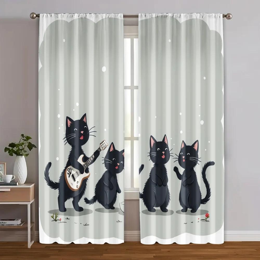 2pcs, Light Filtering Curtains Black Cat & Jungle Flowers Versatile Fabric (without Rod) Decorations Outdoor Ldeal for Room,