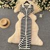 Summer Women Casual V-neck Striped Knitted Sweater Long Maxi Split Slim Bodycon Sheath Dresses