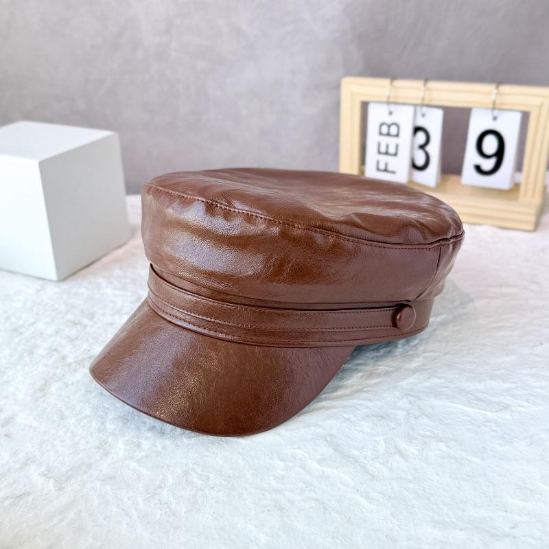25 Early autumn new leather flat top hat newsgirl hat British retro face little navy hat tide