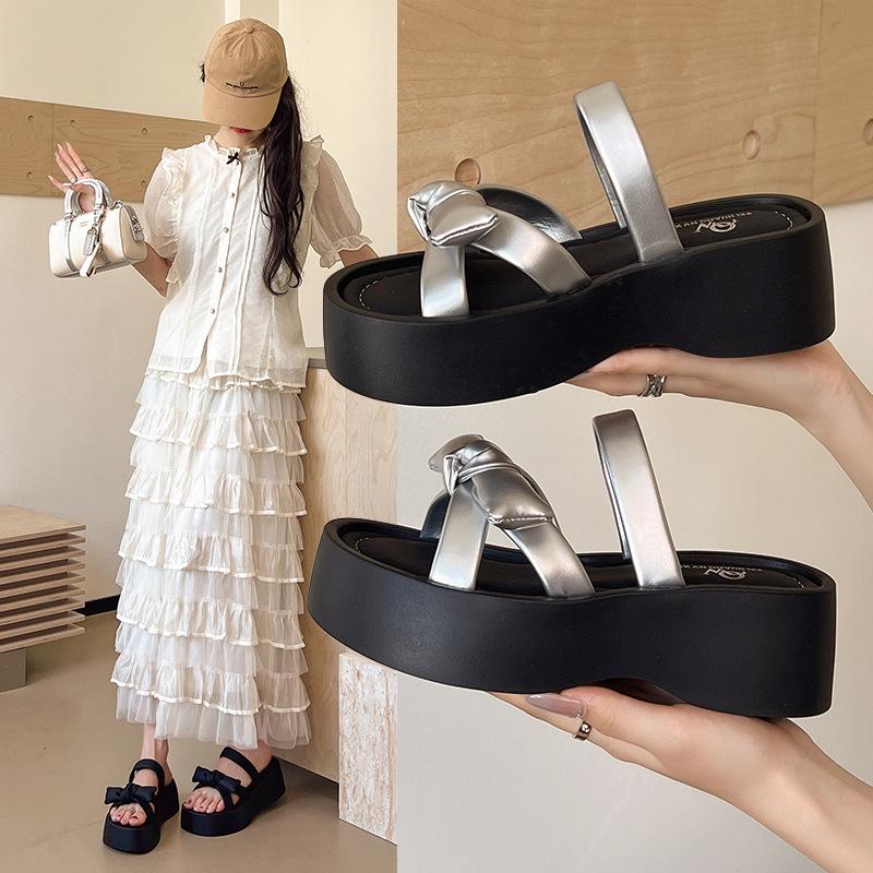 Bow one-word thick-soled slippers for women's summer wear 2025 new white heightening skirt cool slippers