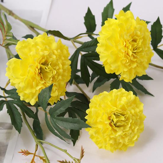 Artificial Marigold 3 Head UV Resistant Fake Silk Flower with Leaves Indoor Outdoor Garden Table Centerpiece Faux Bloom Decoration