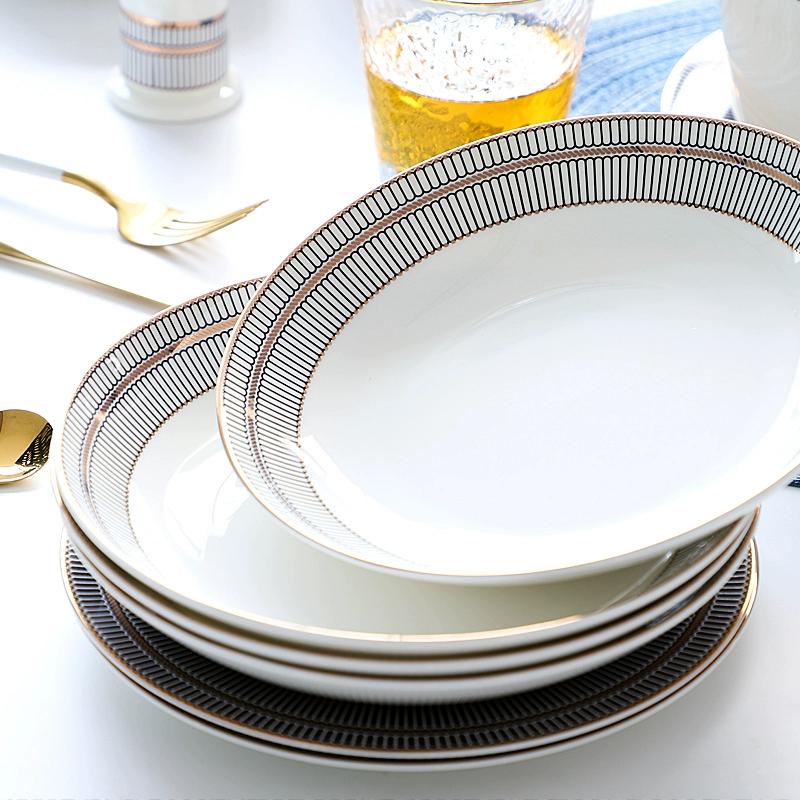 8/10palcové talíře z kostního porcelánu - Moderní elegantní kulaté nádobí se zlatým lemem Dezertní talířová sada Jídelní nádobí Servírovací talíře pro kuchyň, vhodné do mikrovlnné trouby