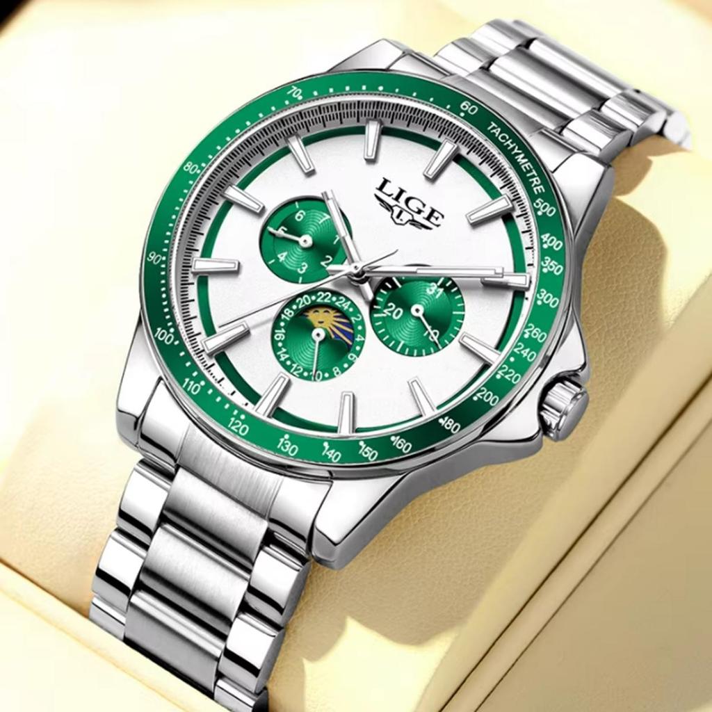 LIGE Unique Dial Quartz Man Watch Stainless Steel Business Luxury Clocks 24-Hour Moon Phase Waterproof Date Week Watches