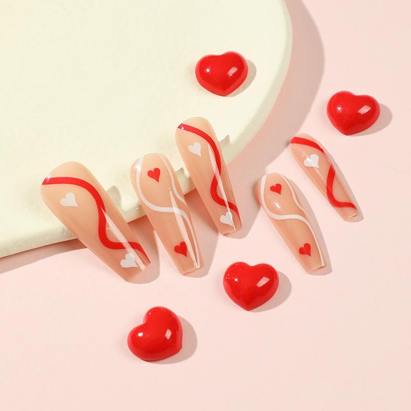 24Pcs/Set Quick Nails Long Red And White Wavy Heart False Nials Sticker Wearable Waterproof Manicure Finished Nails